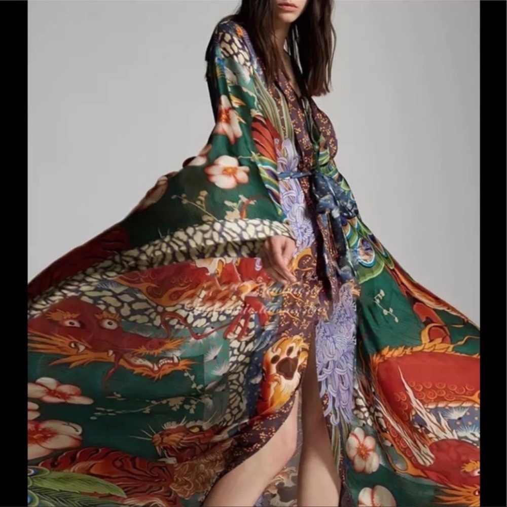 Jewel Peacock Feather Bohemian Gypsy Kimono With Sash Tie, Feather Print - Picture 3 of 8